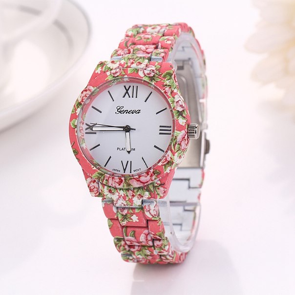 Часы женские Geneva Platinum розовые  с цветочным орнаментом