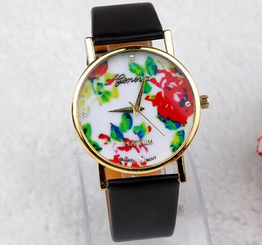 Часы женские Geneva Flowers  'Черный ремешок'